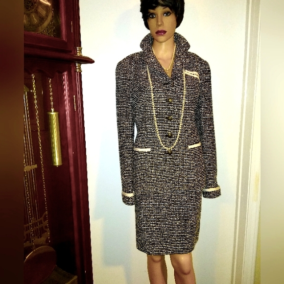 CARLISLE 8/10 BOUCLE EYELASH BLACK WHITE WOOL BLEND GROSGRAIN TAILOR SKIRT SUIT - Picture 12 of 12